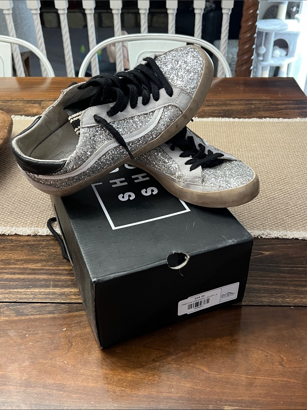 ShuShop Silver Glitter Lace-Up Women’s Sneakers with Black Accents